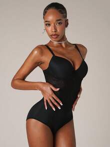 SHEIN BAE Sexy Lace Patchwork Comfort Cup Jumpsuit - Black - View 4