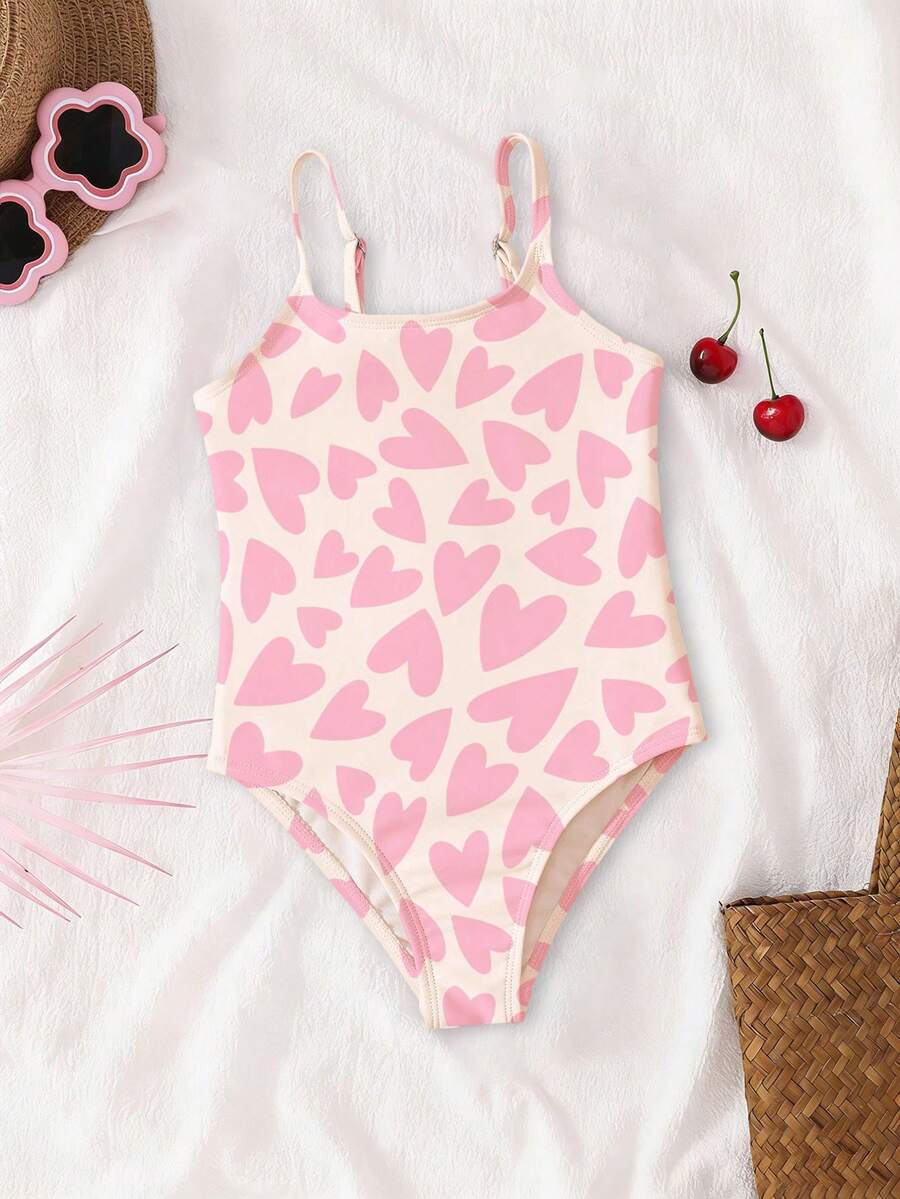 SHEIN 女童休闲简约爱心图案连体泳衣,适合夏季穿着 - 彩色 - 查看 1