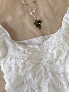 SHEIN Tween Girl's Solid White Textured Fabric Everyday Casual Semi-Sheer Sweetheart Neck Plain Ruched Bust Peplum Top Short Sleeve Blouse - White - View 4