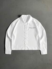 StoneGrade 墨水花卉手写字体休闲印花男士常规版型宽松短款长袖衬衫，约会聚会必备，时尚情侣礼物送给男友 - 白色 - 查看 2