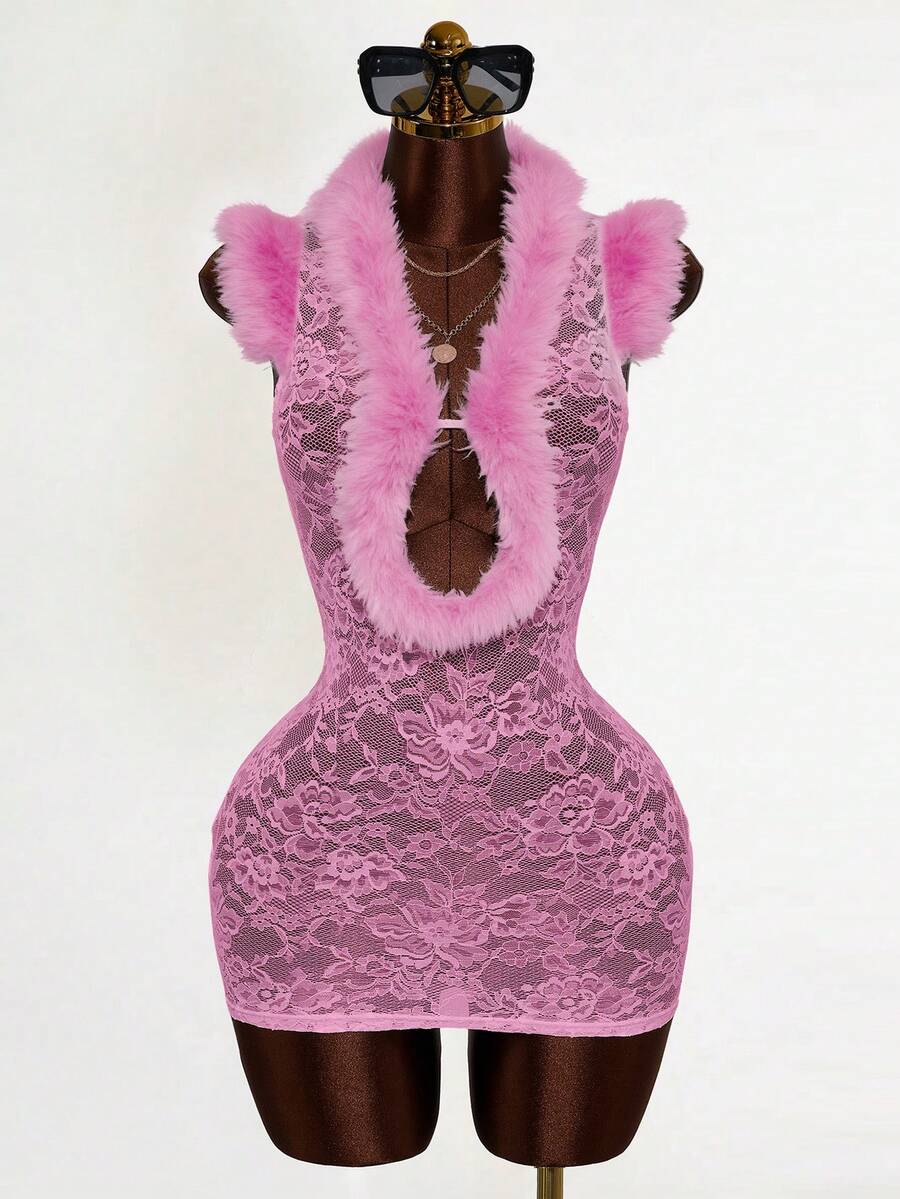 Mistrie Ärmlös sexig miniklänning i spets och mesh för kvinnor - Rosa - Visa 1