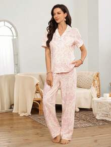 Serenescape Women's Casual Totem & Floral Print Lapel Short Sleeve Pajama Set - Multicolor - View 7