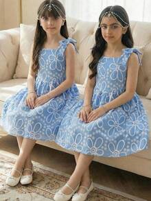 SHEIN Girls' Elegant Bowknot Decor Floral Jacquard Fit & Flare Sleeveless Woven Dress, Blue - Blue - View 5