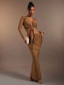 Hauture Brown Elastic Waistband Maxi Bodycon Skirt With Back Slit - Brown - View 1