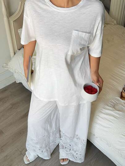 Dazy Plus Plus Size Women Casual Dropped Shoulder Short Sleeve Pajama Set