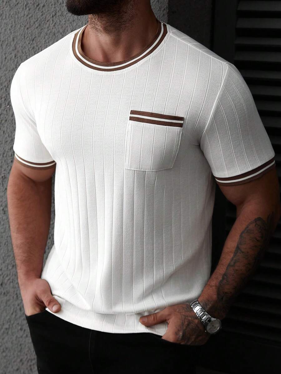 Manfinity CasualCool Kaos Pria Lengan Pendek Kerah Bulat, Rajutan Bergaris Warna Polos dengan Saku, Atasan Kasual, Putih dan Cokelat, Musim Panas, Kasual, Kaos Bisnis untuk Liburan Kota untuk Berkomuter - Aprikot - View 1