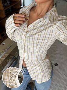 Muchica Women's Plaid Cinched Waist Slim Fit Long Sleeve Shirt  For Going Out Outfits, Back To School,Streetwear, Y2K Clothes - Multicolor - View 1