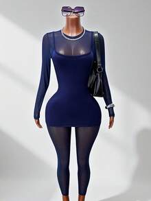 BamGleam Mock Neck Long Sleeve Splicing Hollow Out Jumpsuit, Sexy & Slim Fit - Royal Blue - View 3