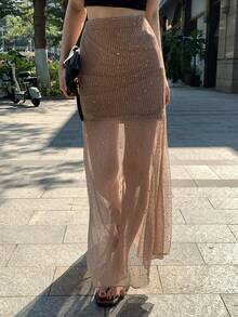 DAZY 女士时尚休闲派对撞色亮片裙 - 卡其色 - 查看 1