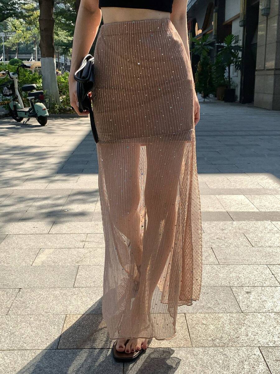 DAZY 女士时尚休闲派对撞色亮片裙 - 卡其色 - 查看 1