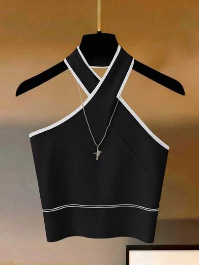 Franclia 黑色滚边露背无袖上衣，适合海滩度假、优雅内衣、秋冬季、国庆/新年外穿、日常优雅时尚、办公休闲、百搭时尚、都市职业装。