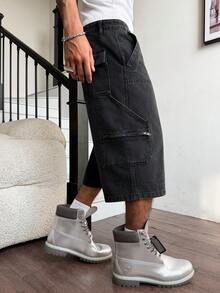 Manfinity EMRG Quần short denim đen nam kiểu dáng đường phố thường ngày, nhiều túi và họa tiết. - màu đen - Xem 6