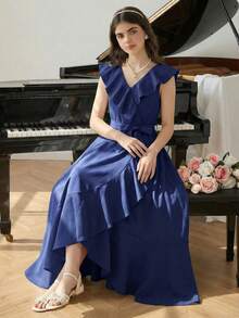 Vestido envolvente con volantes de unicolor elegante para niña preadolescente - Azul Marino - Ver 4