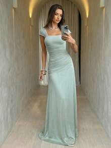 Aloruh Nouvelle robe longue pour femmes, robe de soirée élégante en patchwork de maille et satin, robe romantique pour rendez-vous, robe vert menthe unie pour le début du printemps - Vert menthe - Voir 6