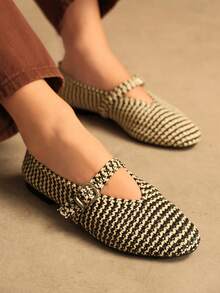 Rosivie Women's Casual Buckle Design Flat Loafers, Versatile For Daily Wear - Black and White - View 2