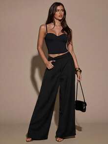 SHEIN BAE Women's Sexy Black Tight Fitting Bra Top Paired With Fashionable Tight Fitting Bodysuit, Suitable For Dates, Nightclubs, Outings, New Year's Tops, Tight Fitting Bodysuits, Carnival Parties, Black Tops, Women's Summer Camisoles, Sexy Tops - Black - View 5