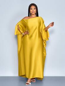 SOLERSUN Vestido largo de verano de tela de satén de unicolor, holgado y casual, para mujer de talla grande. Mangas cortas con abertura, cintura con lazo, espalda con lazo. Ideal para vacaciones en la playa. Nuevo estilo. - Mostaza Amarilla - Ver 8
