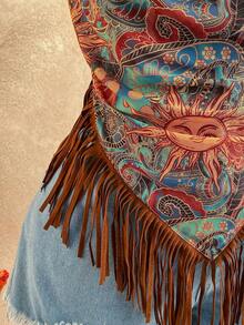 Soleia Áo hai dây nữ kiểu dáng thường ngày, chất liệu dệt kim, có họa tiết tua rua, thích hợp cho mùa cưới trên bãi biển, in hình mặt trời, cổ xếp ly, phù hợp cho các lễ hội âm nhạc và mọi mùa. - Nhiều màu - Xem 5