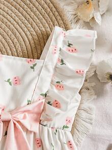 SHEIN Baby/Toddler Girl Striped Print Bowknot Front Ruffle Hem Short Sleeve Pink Dress, Casual Versatile Fashion Infant OOTD Dress, Spring/Summer - Apricot - View 7