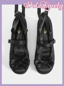 Dola Lovely 洛丽塔风格黑色缎面踝带女式高跟鞋，方头蝴蝶结玛丽珍鞋，柔美公主风 - 黑色 - 查看 3