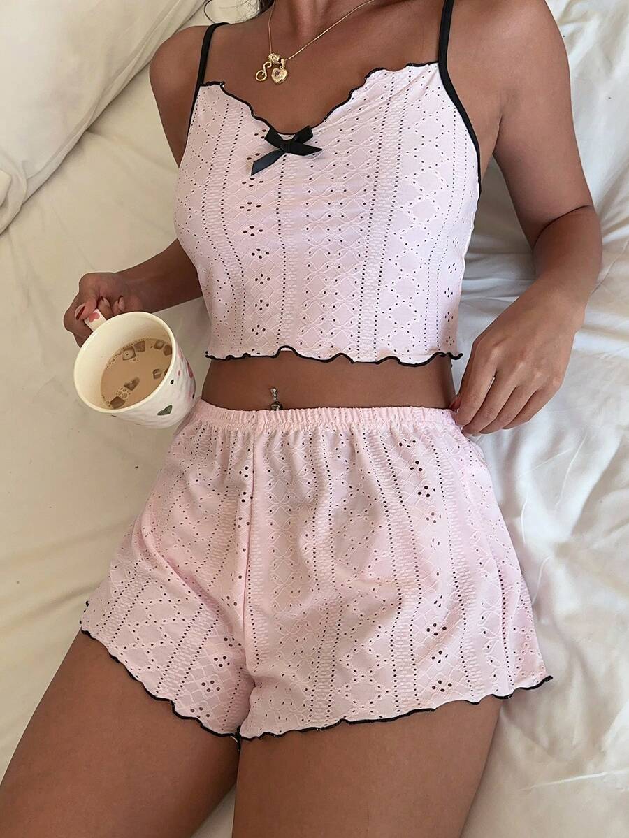 Lowkey Lull Women's Summer Schiffy Contrast Lettuce Trim Cropped Camisole And Shorts Pajama Set - Dusty Pink - View 1