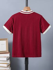 SHEIN Vacaura Tween Boy Casual Contrast Binding Short Sleeve Polo Shirt, Textured Fabric, Suitable For Daily Commute & Sports, Summer - Burgundy - View 7