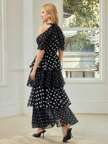 MOTF PREMIUM 女士优雅波点中长连衣裙 - 黑與白 - 查看 3