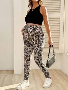 SHEIN Regulowane w pasie, swobodne legginsy z nadrukiem w panterkę, uniwersalne dla kobiet w ciąży - Kolor khaki - Zobacz 4