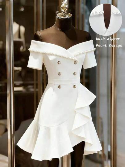 Franclia 优雅法式露肩串珠荷叶边短袖连衣裙，温柔迷人，适合通勤、工作、上学、职场、正式和休闲场合，经典百搭的颜色，新款夏季女装