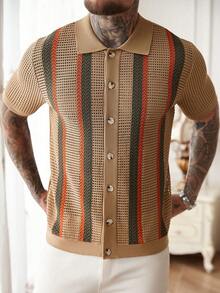 Manfinity Homme Men's Striped Short Sleeve Single-Breasted Casual Lightweight Cardigan Mens Stripe Shirt Men Knitted Button Up Crochet Men Shirt Apricot Shirt For Men Men Retro Shirt - Multicolor - View 5
