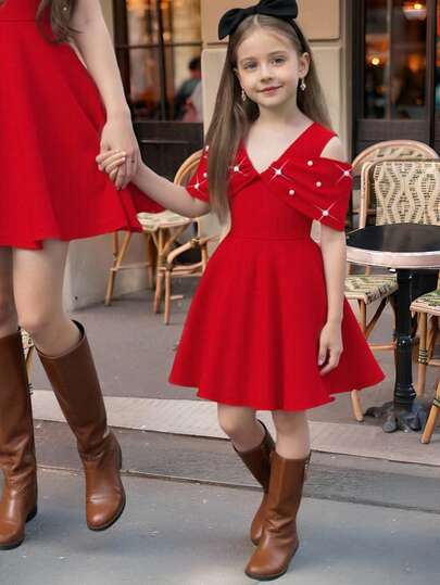 Girls' Red Shoulder-Exposed Knitted Elastic Fitted Midi Dress With Beaded Embellishment, Versatile For Outings, Parties, And Daily Wear, Spring/Summer/Autumn/Winter