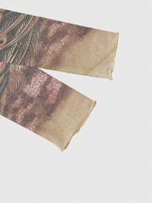 ROMWE Avant 性感透视网纱长袖上衣，饰有中国书法和孔雀图案 - 棕色 - 查看 4