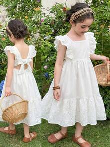 LMoss Kids 女孩度假风连衣裙，优雅可爱，舒适轻盈，蝴蝶结装饰长裙，春夏送礼佳选 - 白色 - 查看 10