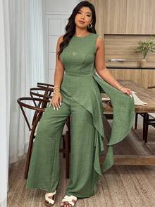 Weeklong Plus Size Women Spring/Summer Round Neck Waist Cinched Asymmetric Hem Ruffle Casual Workwear Set - Apricot - View 4