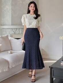 DAZY Women's Solid Color Lace Fitted Elegant Mermaid Skirt - Navy Blue - View 4