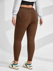 SHEIN ICON Plus Size Women High Waist Pockets Skinny Casual Versatile Jeans - Rust Brown - View 2