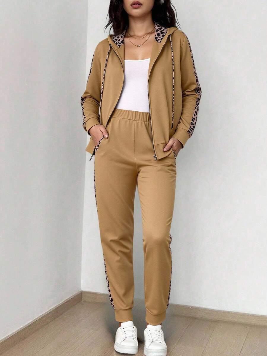 Women's Leopard Print Patchwork Zip Front Hoodie And Pants Casual 2 Pieces Set - Camel - View 1