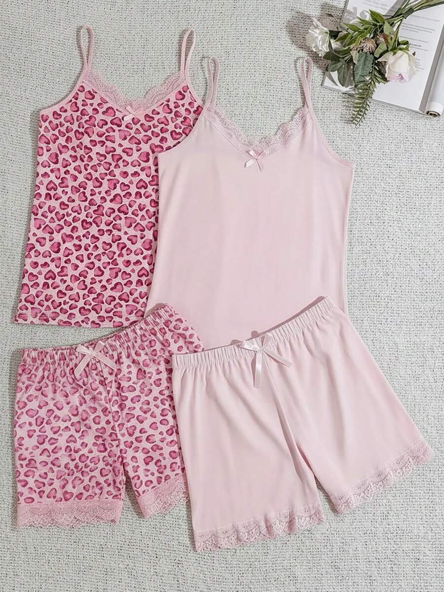 EURMUSE 2 Sets Lace Detail Solid Color & Leopard Patten Detail PJ Set - Multicolor - View 1