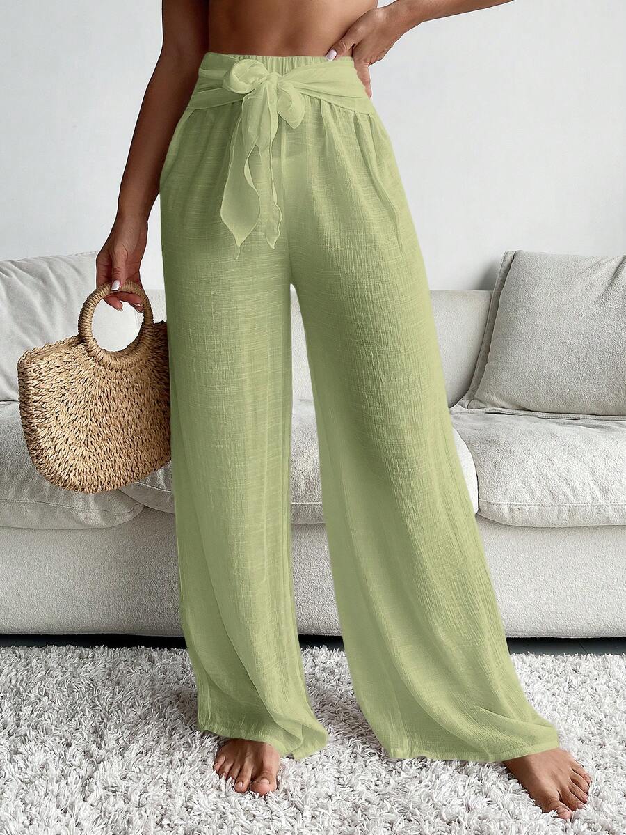 Swim Vcay Pantalones anchos de unicolor con nudo, prenda de vestir informal para mujer - Limelight Green - Ver 1