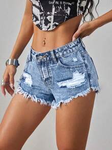SHEIN PETITE Women's Casual Distressed Frayed Hem Slant Pocket Denim Shorts, Summer - Medium Wash - View 6