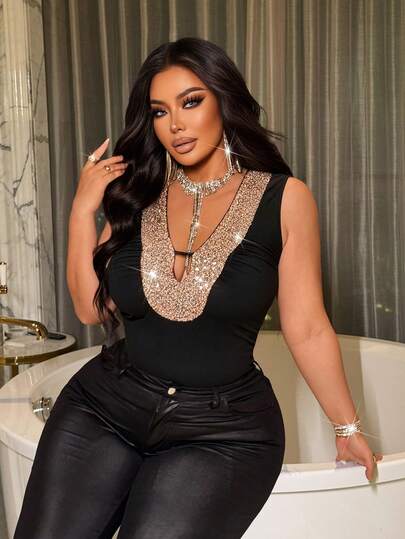 NU&NOW 女士黑色修身无袖V领亮片背心，时尚、性感、休闲、百搭，适合春、夏、秋季穿着，大码尺码