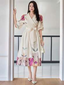 DAZY 女士优雅印花长连衣裙，翻领、泡泡袖、腰带设计，夏季婚礼宾客礼服 - 紅色 - 查看 5