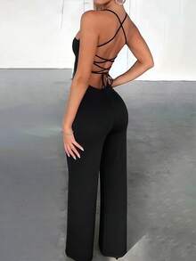 INAWLY Women's Sexy Spaghetti Strap Low-Cut Backless Lace-Up Jumpsuit - Black - View 2