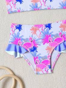 SHEIN Infant/Baby Girl2-Piece Swimsuit Set: Bowknot & Flamingo Print Sleeveless Top With Ruffle Trim & Triangle Print Bottoms - Multicolor - View 5