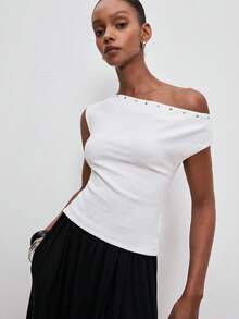 ATUI Studio 时尚性感露肩串珠修身针织夏季女式上衣 - 白色 - 查看 7