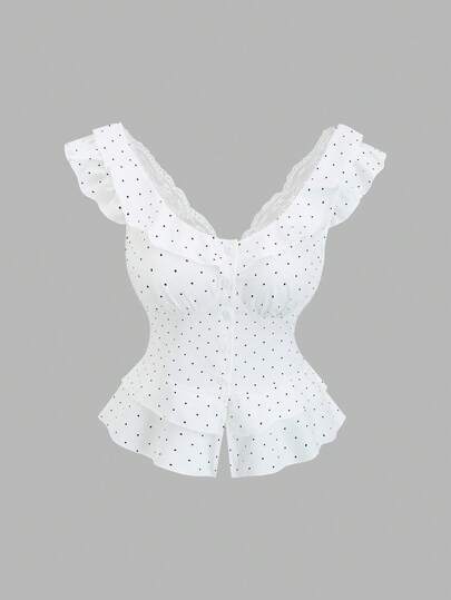 Sweetra Women's Lace Patchwork Ruffle Hem Polka Dot Sexy Low-Cut Waist Exposed Shoulder Backless Blouse, Suitable For Spring, Summer, Autumn, Winter