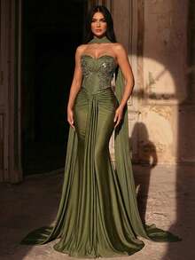 Glamrae 优雅的牛油果绿浪漫蕾丝拼接弹力针织无肩带领口重工刺绣串珠美人鱼尾正式礼服，适合婚礼、派对和正式场合。 - 草綠色 - 查看 7
