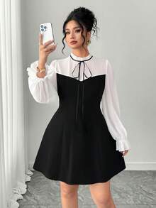 SHEIN PETITE CURVE 女士甜美优雅荷叶边领长袖连衣裙 - 黑色 - 查看 3