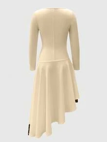 Modelyn Đầm nữ cổ tròn xếp ly eo màu đen phối ren, thanh lịch, lãng mạn, tối giản, dài ngang gối. - Màu be - Xem 4