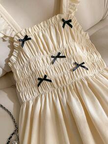 SHEIN Elladie kids 1pc Tween Girls Summer New Linen-Like Cami Dress, Black Ribbon Bow Accent, Beige Minimalist Elegant Casual Vacation Dress For Older Tween Girl - Apricot - View 5